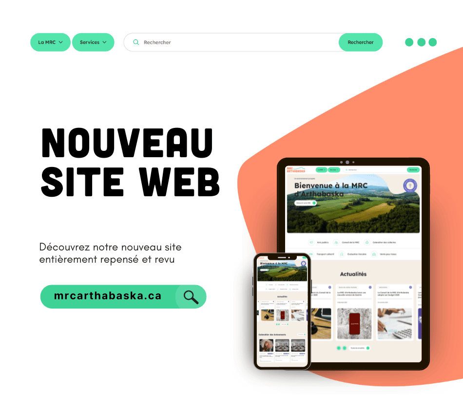 Page d'accueil du site Web de la MRC d'Arthabaska sur un appareil mobile et une tablette